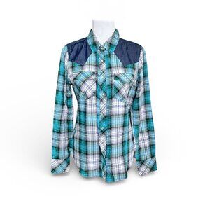 NWT Levi’s Plaid Western Snap Button Shirt Green Blue Long Sleeve Cotton Sz M